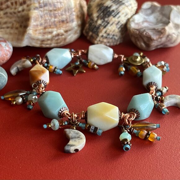 Gemstone Dangle Bracelet, Amazonite, Beaded Bracelet, Chunky Boho - Picture 1 of 7